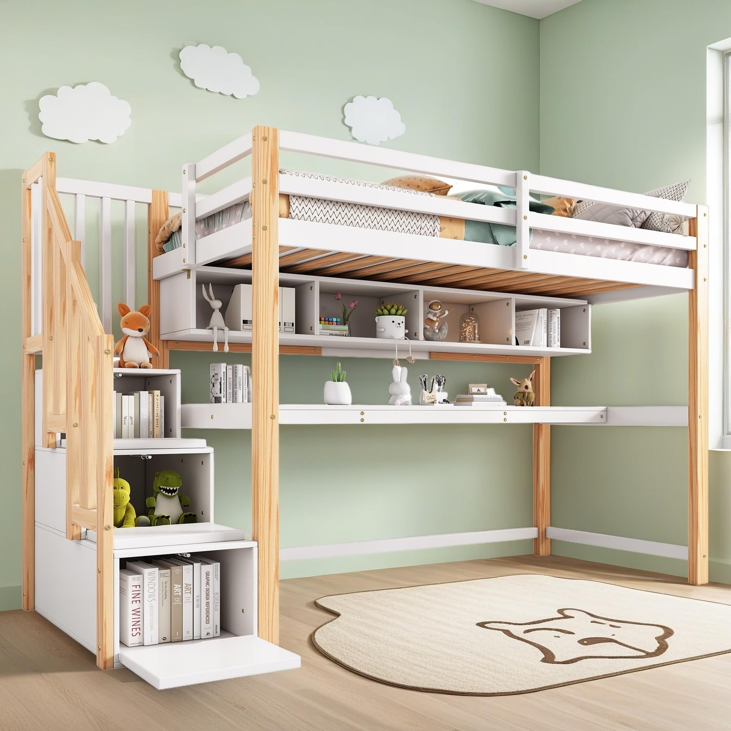 Lit Mezzanine Enfant Avec Bureau Et étagères - 90x200 Cm, Blanc, Rangement Pratique Et échelle Sécurisée - 9