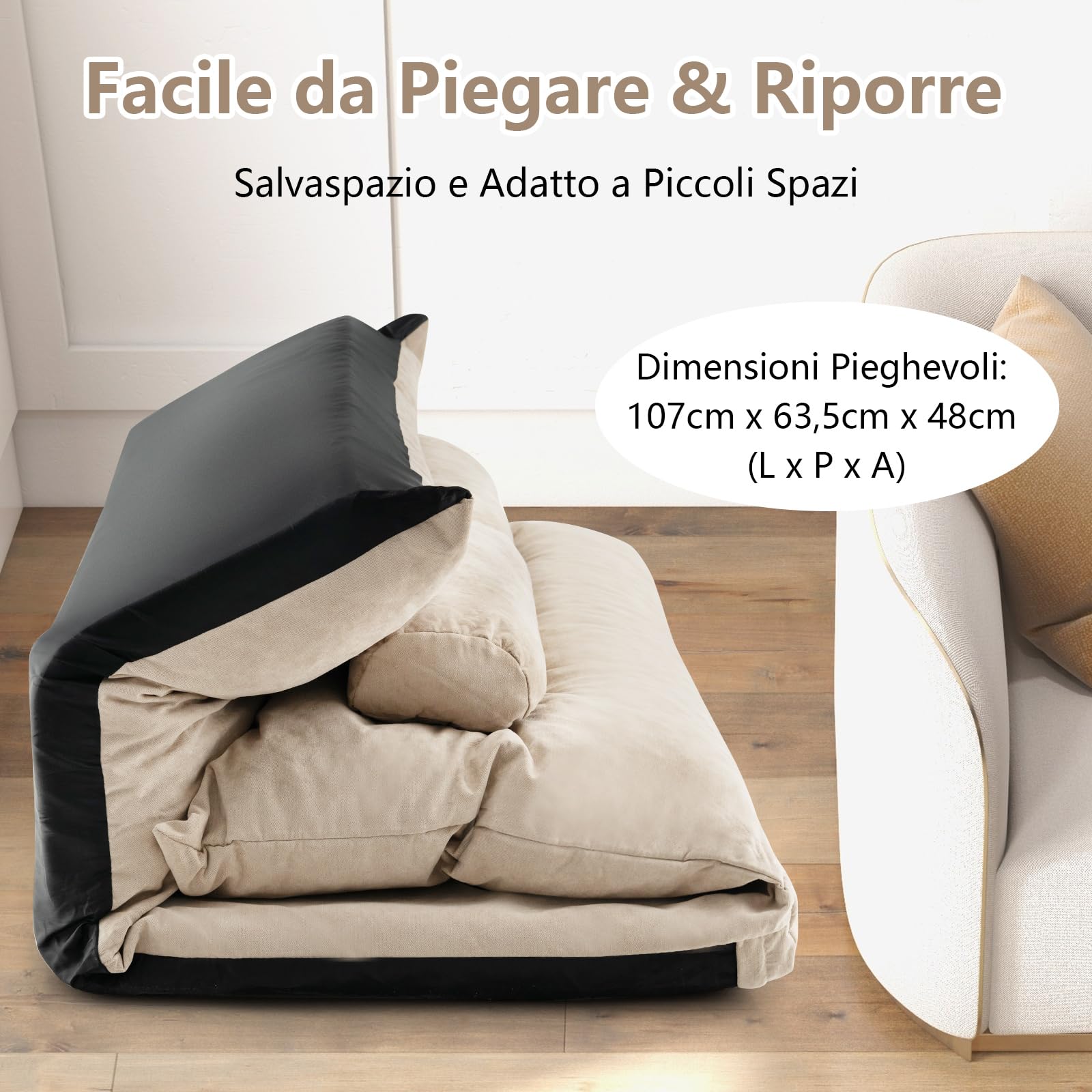 COSTWAY Divano da Terra Pieghevole, Divano Letto 2 Posti con Schienale Regolabile, Divano da Pavimento Trasformabile con 2 Cuscini per Camera da Letto Salone Balcone (Beige)