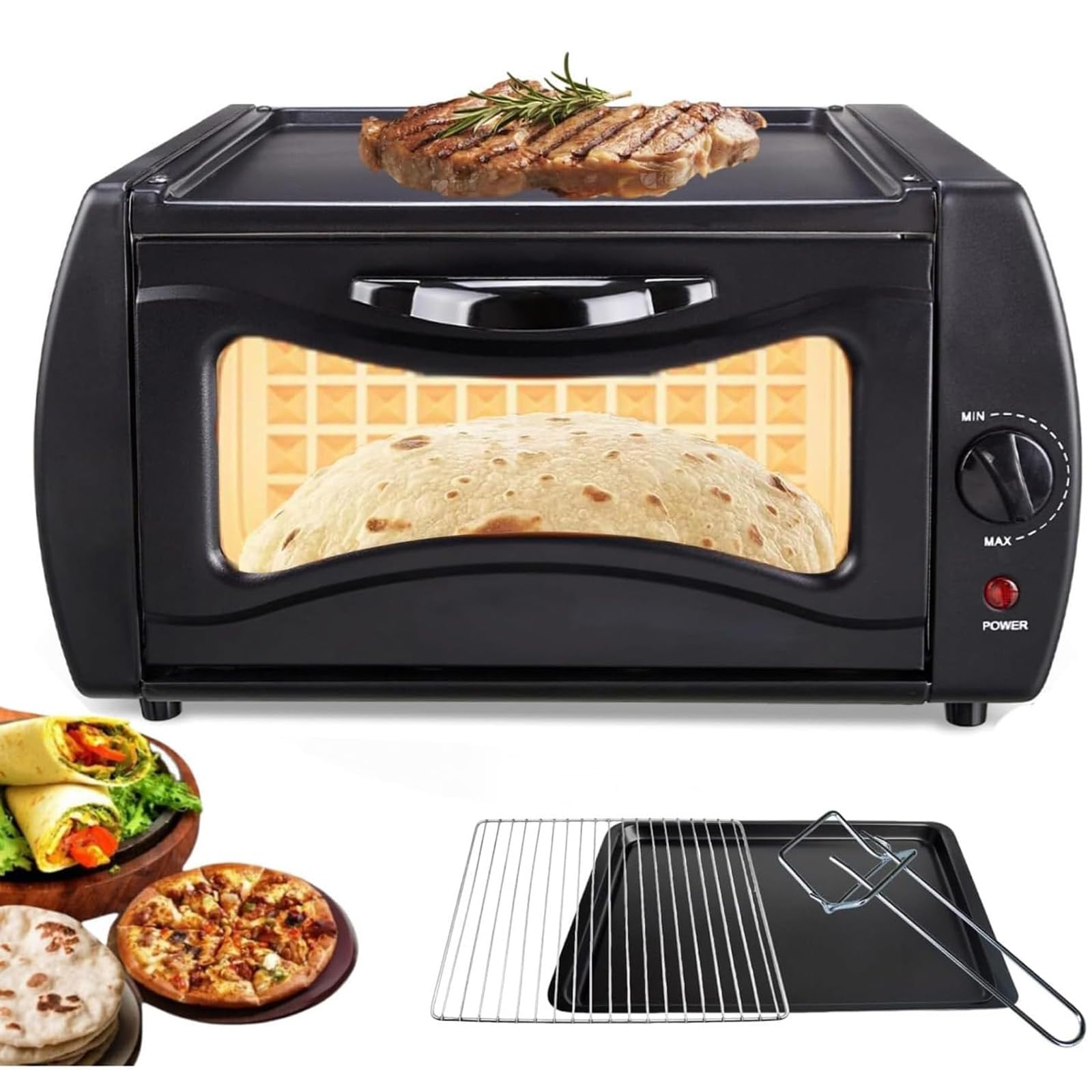 Elektrischer Tandoor-Ofen mit Sichtglastür und Kochplatte, 2100 W, 15 l, 2-in-1-Pizza- und Tandoori-Maker for Zuhause und for Mitnehmen