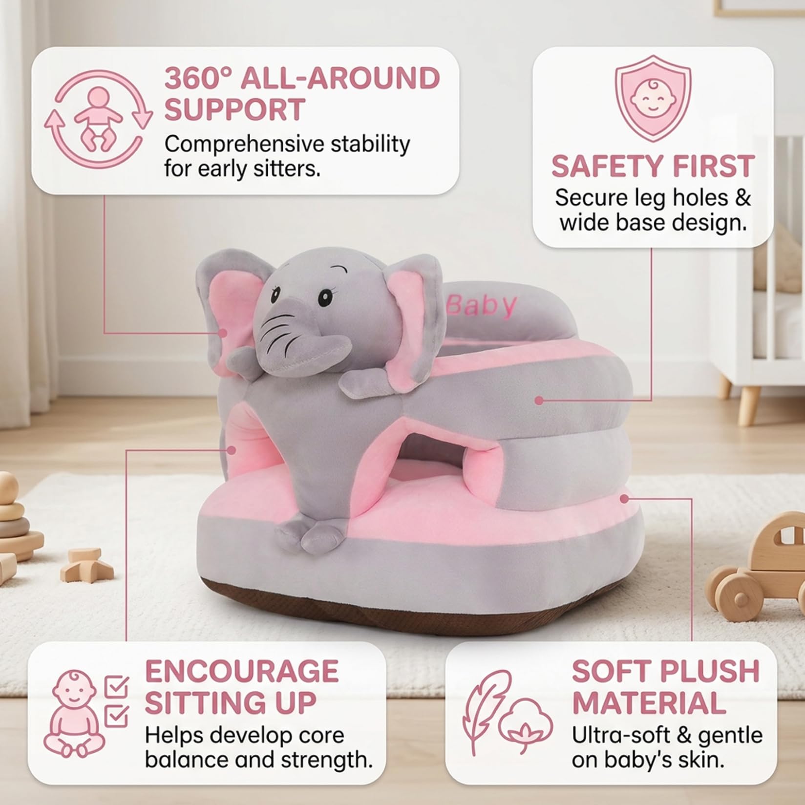 Sit-Me-Up-Bodensitz für Babys, Plüsch-Elefant-Baby-Sit-Up-Stuhl, Sitzunterstützungssofa für Kleinkinder für Schlafzimmer, Wohnzimmer, Kinderzimmer