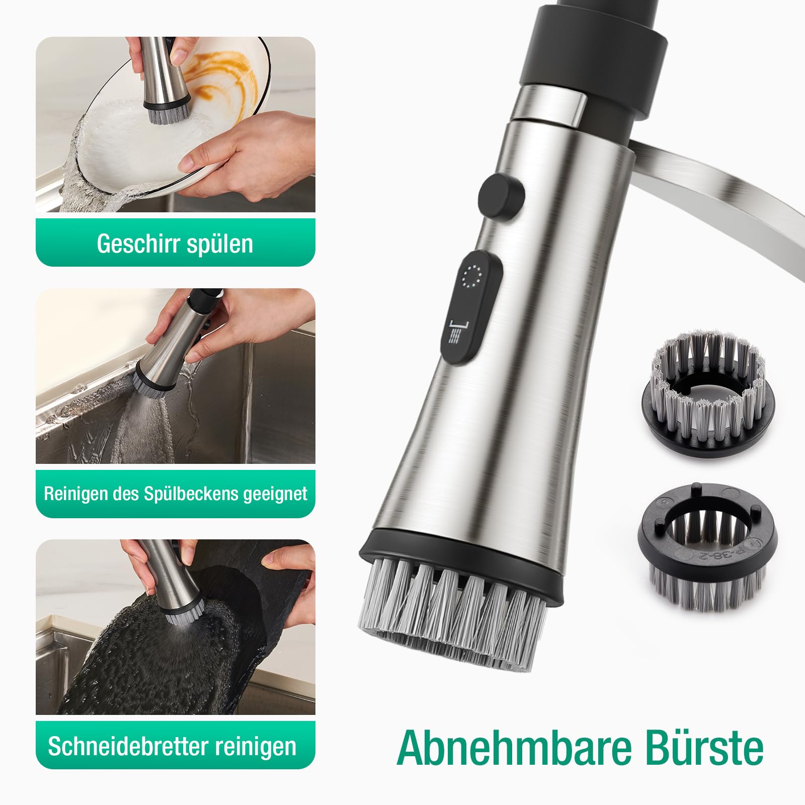 CREA Wasserhahn Küche mit 3 Funktionen Brause,Mit Herunterziehbare Brause | Küchenarmatur mit Brause Ausziehbar, 360° Drehbare Mischbatterie Schwarz, Spültischarmatur mit Praktischer Bürste, Edelstahl