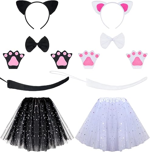Eurzom Juego de 2 disfraces de gato para niños, incluye diadema de orejas de gato, falda tutú, corbatín, guantes, cola de niña, cosplay para