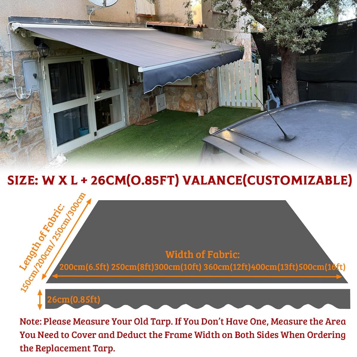 Tessuto di Ricambio per Tende da Sole Impermeabile Telo di Ricambio per Tende da Sole Retrattile 200/250/300/360/400/500 cm Tessuto di Ricambio Resistente ai Raggi UV