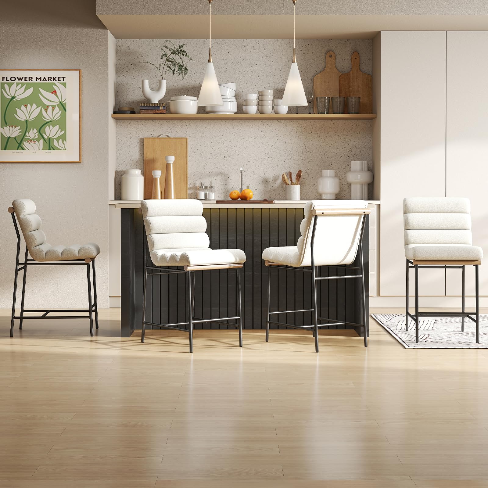 QUINJAY Modern Sherpa White Counter Stools Set of 4, 25" Seat Height Upholstered Counter Height Bar Stools with Tufted Back&Cushion, Comfy Boucle High