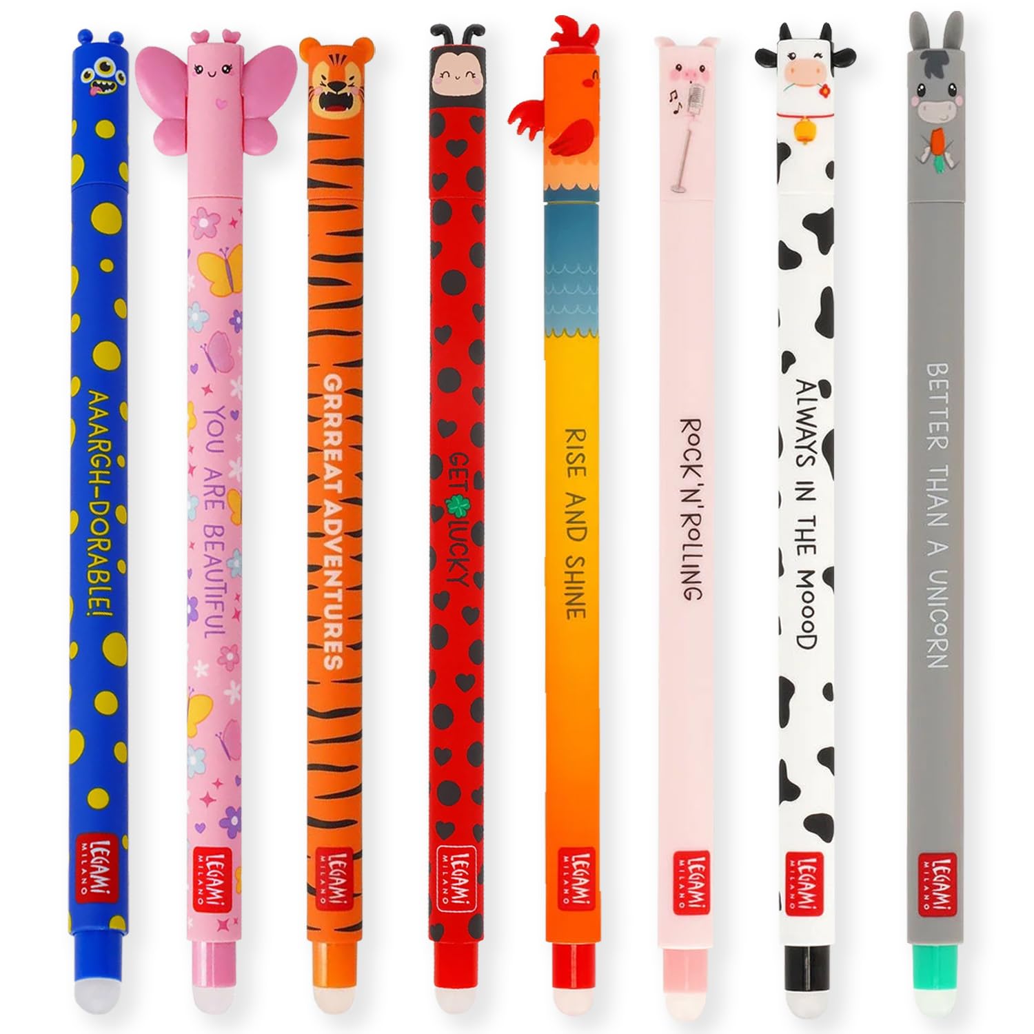 LEGAMI Set mit 8 radierbaren Gelstiften mit thermoempfindlicher Radiertinte, verschiedene Tintenfarben und Schaftdesigns, 0,7 mm Spitze, Marienkäfer, Monster, Tiger, Schmetterling und