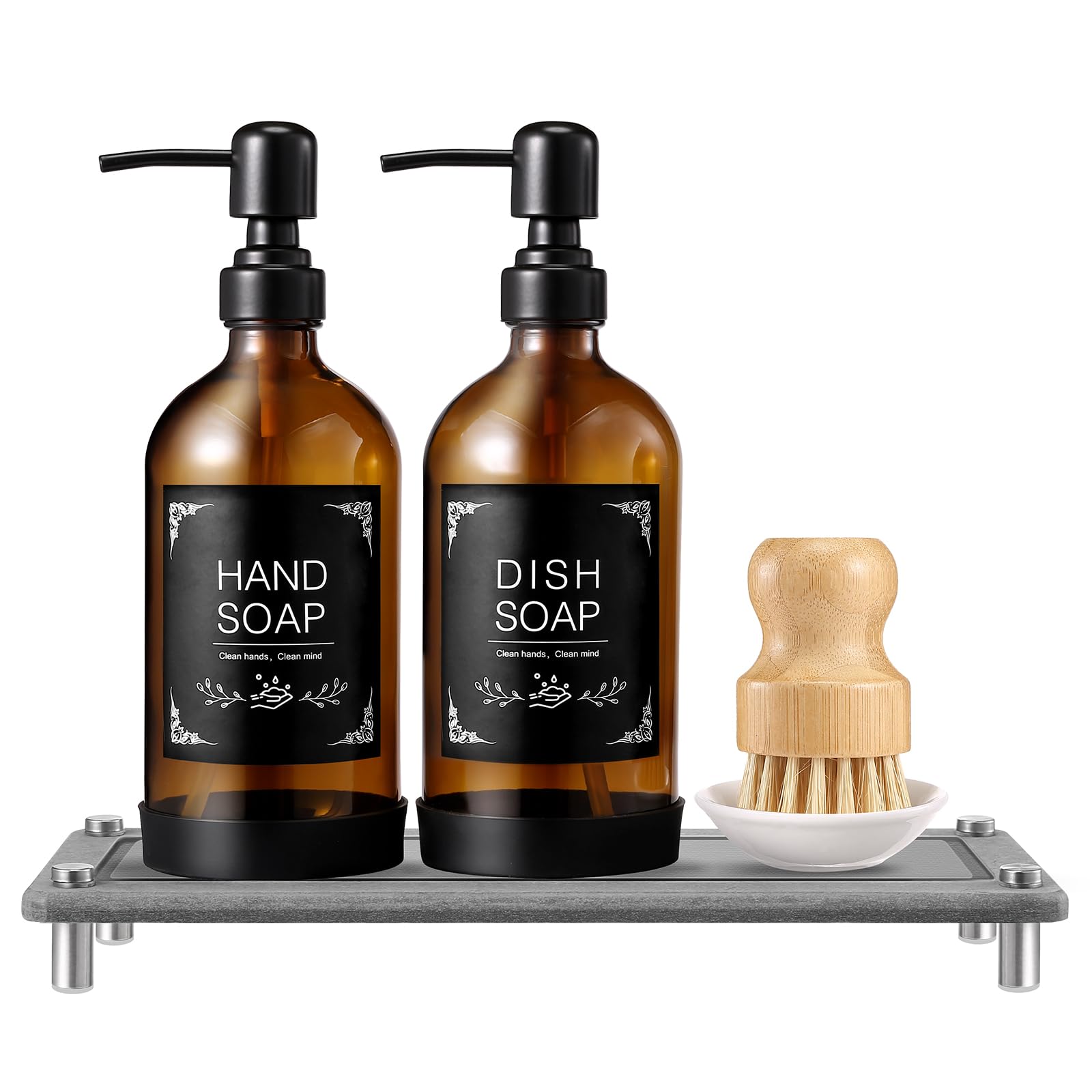 Johamoo Kitchen Soap Dispenser Set, 16Oz Amber Glass Dispenser with Stainless Steel Pump, Instant Dry Tray, Waterproof Labels, Non-Slip Silicone Pad, Luxury Soap Dispenser Set for Bathroom & Kitchen