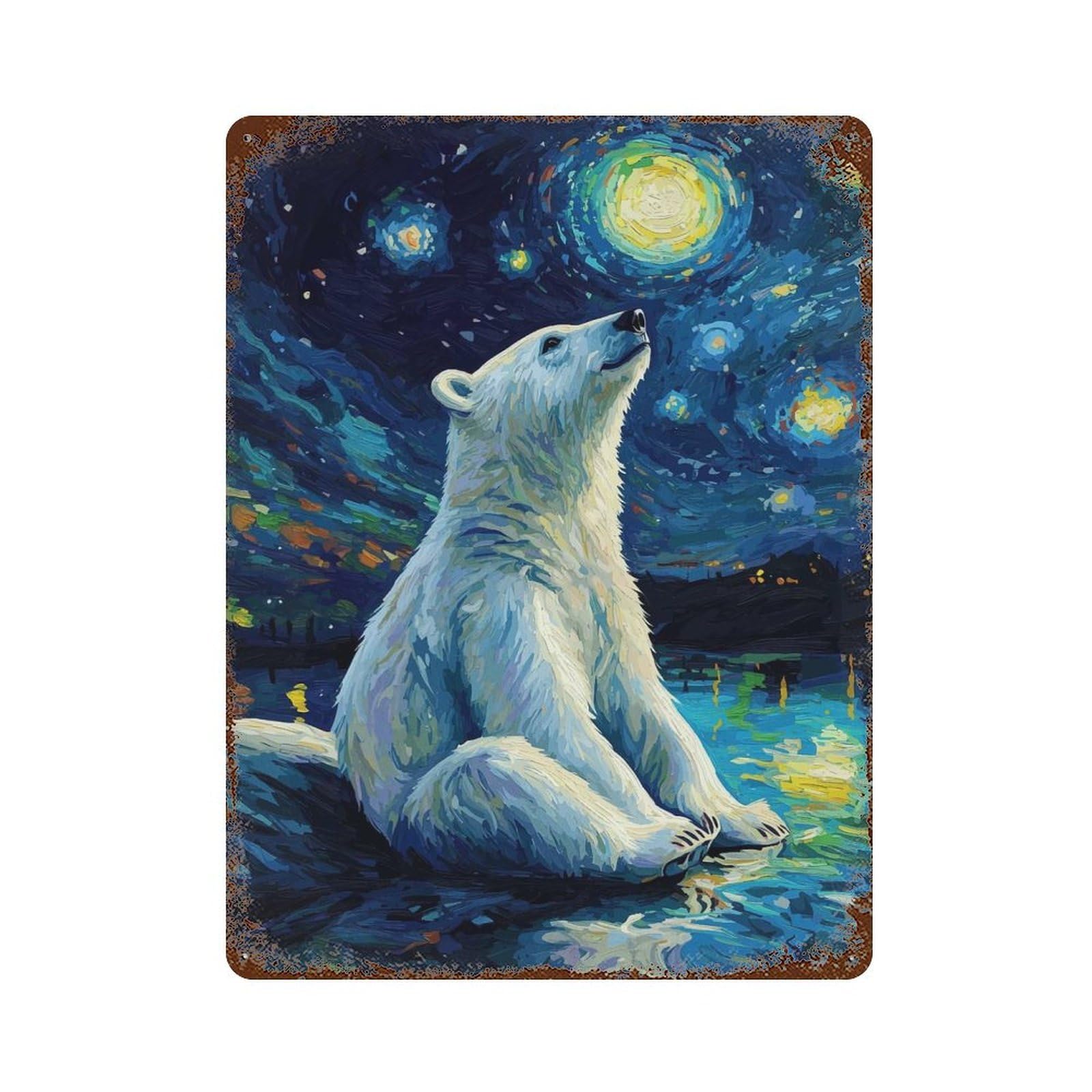 Polar Bear Under Starry Night Rustic Tin Plaque 15.7"x11.8", Industrial Home Decor for Pub, Kitchen And Man Cave Decor
