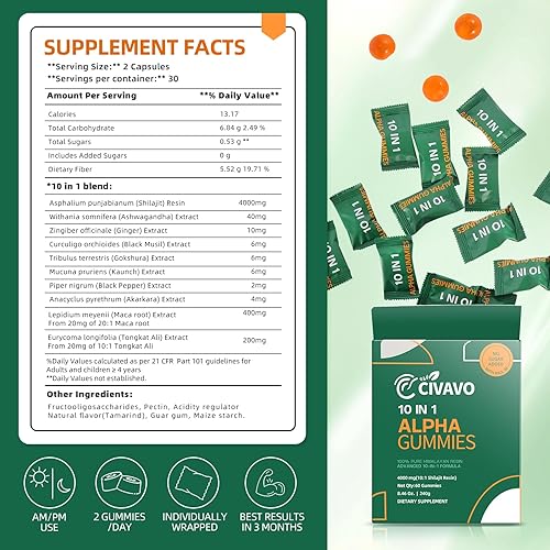 Miniatura 7 de Gomitas Alpha Shilajit 10 en 1 de 4000 mg, sin azúcar añadida, Ashwagandha, Gokshura, 75% + ácido fúlvico y más de 85 oligominerales, para hombres y