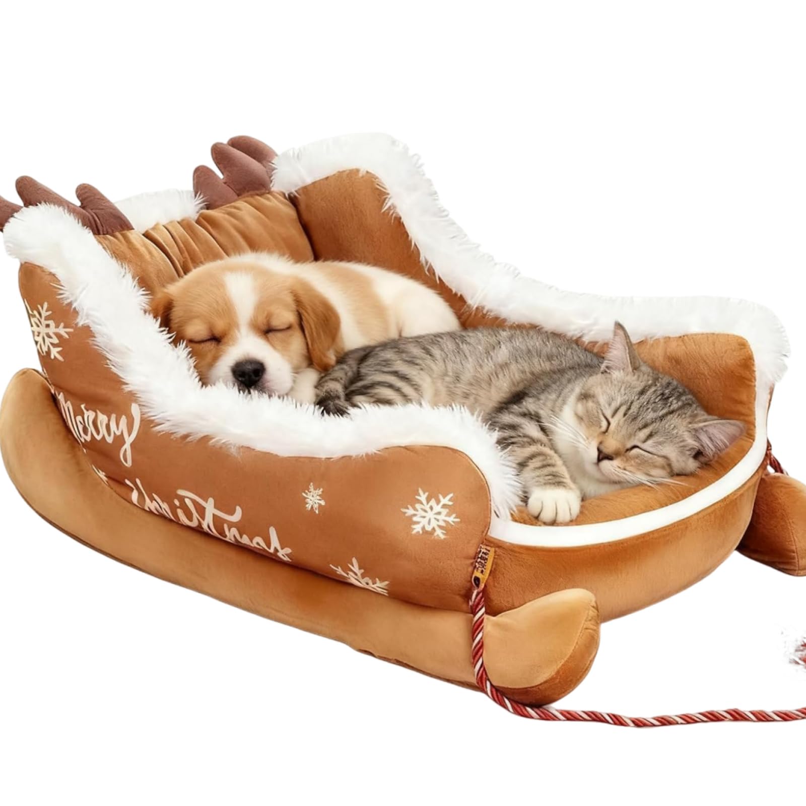 Christmas Sleigh Dog Bed, Festive Plush Cosy Dog Bed, Soft Plush Winter Washable Holiday Pet Bed, Cozy Christmas Lounge for Small & Large Pets, Cat, Dog (Brown,L)