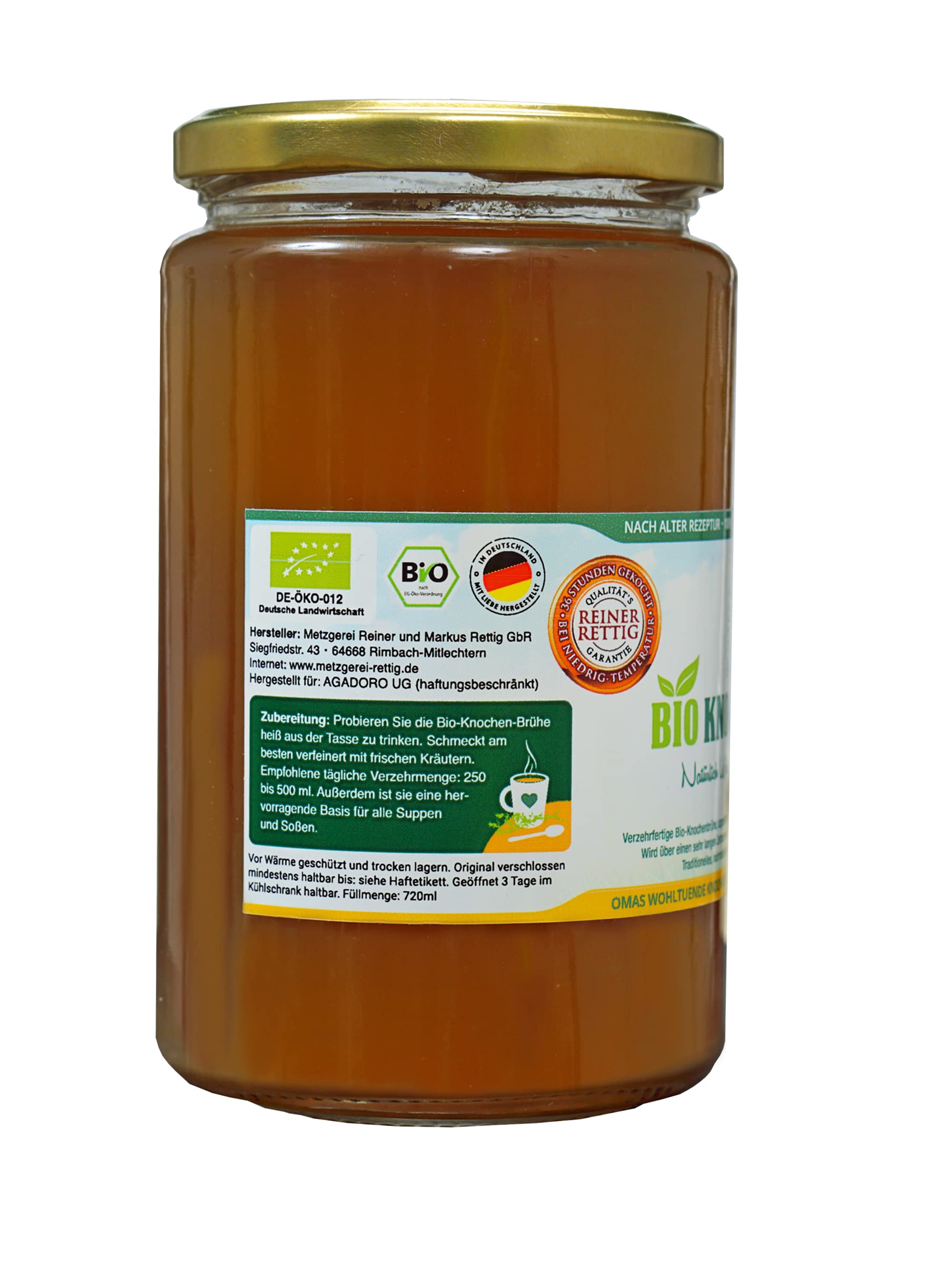AGADORO Bio Knochenbrühe (12x720ml)| 36 Stunden Kochzeit |100% natürliche Zutaten| nach alter Rezeptur hergestellt |DE-ÖKO-012