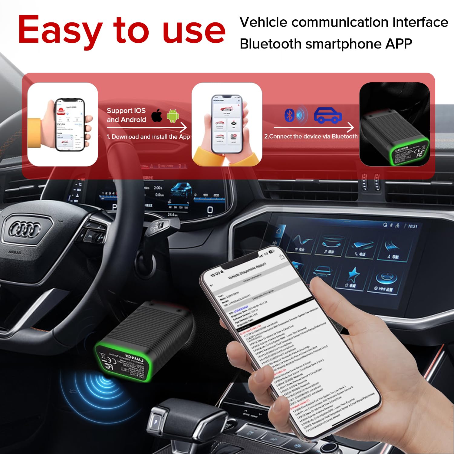 LAUNCH AIOBD Scanner Bluetooth OBD2 – Diagnostic complet du système, AI explique les défauts simplement, pièces / main-d'œuvre / estimations des coûts, fonctionne avec iPhone et Android