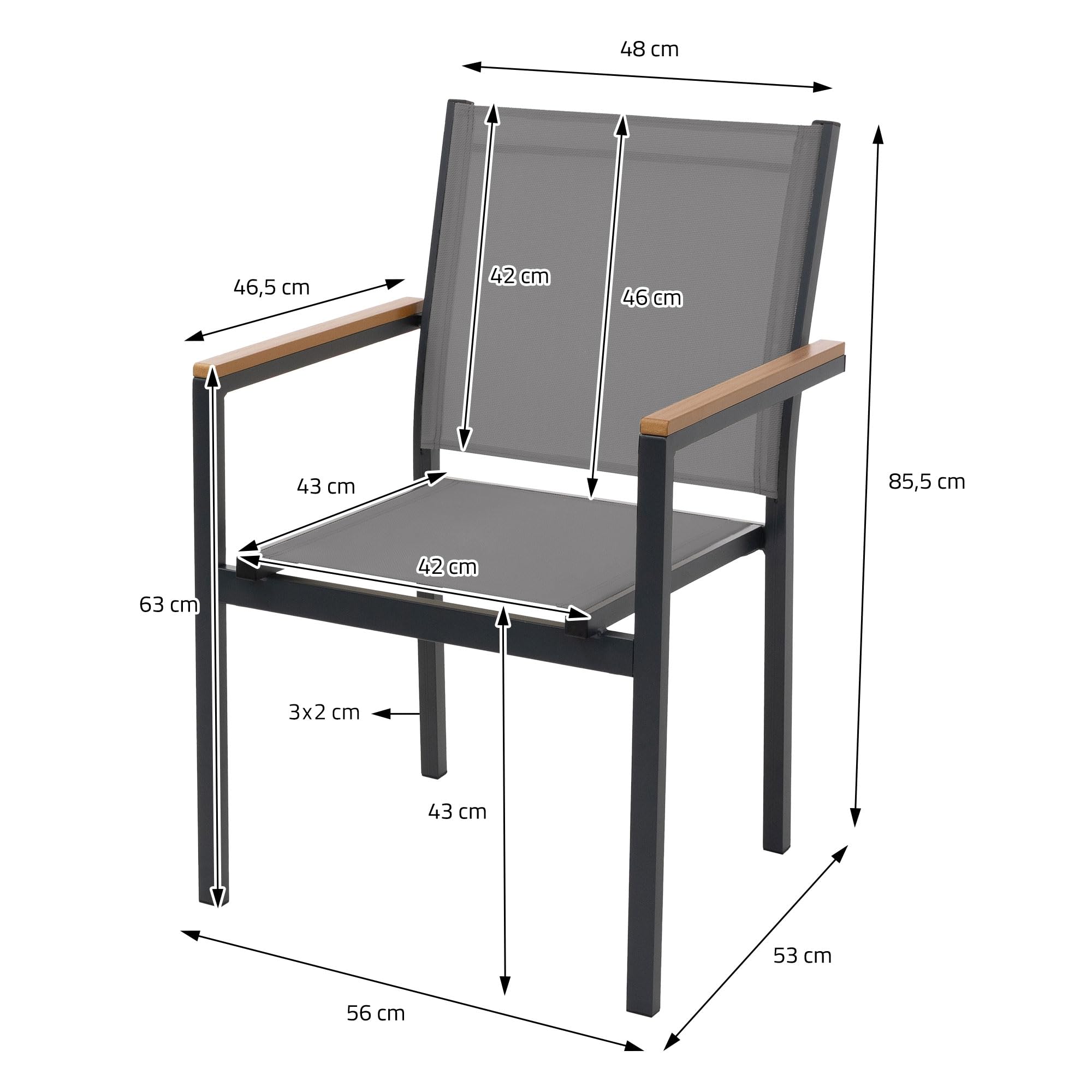 ML-Design Juego 2X Sillas de Jardín Gris Oscuro Asiento de Textilene para Terraza, Aspecto Madera y Estructura de Aluminio con Reposabrazos y Respaldo Mueble Apliable Resistente a la Intemperie