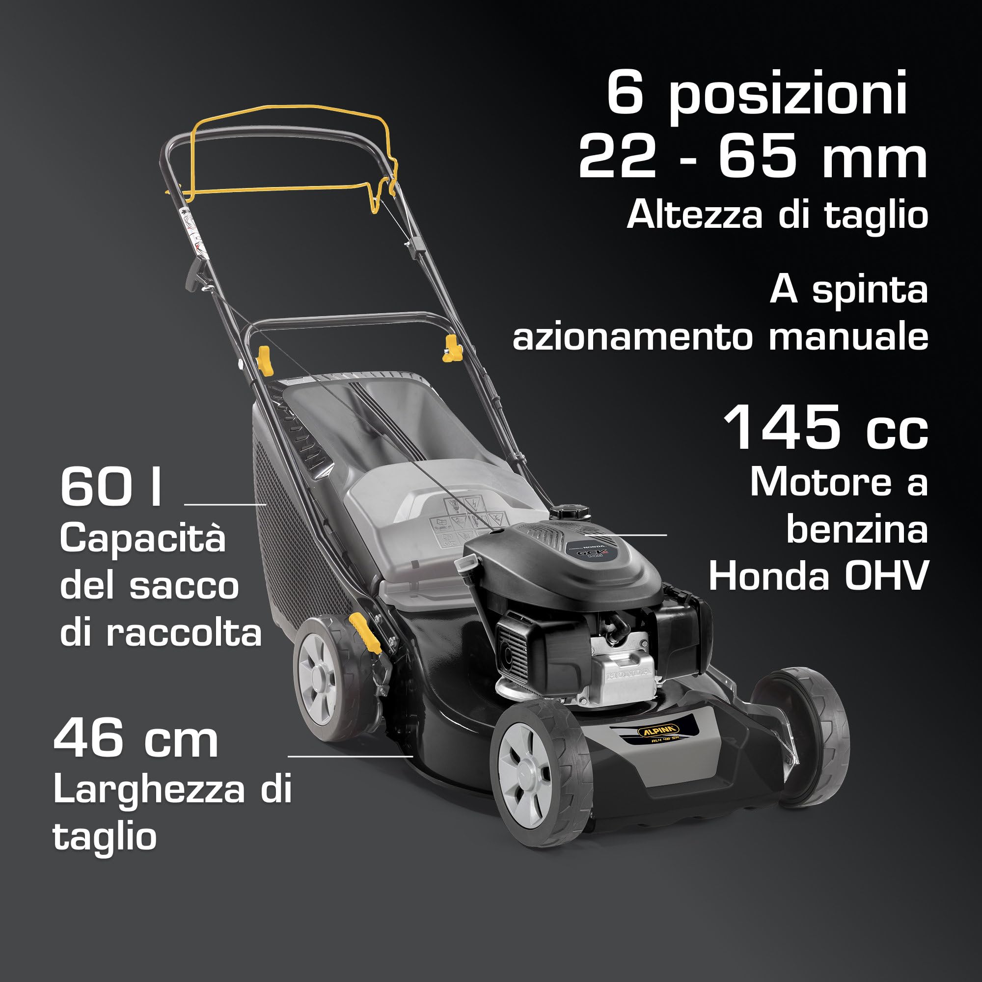 Alpina AL4 46 SH Tagliaerba Semovente, 145 cc, 46 cm – Sacco 60 l, Regolazione Centralizzata 6 Pos. – Prati fino a 1.200 m²