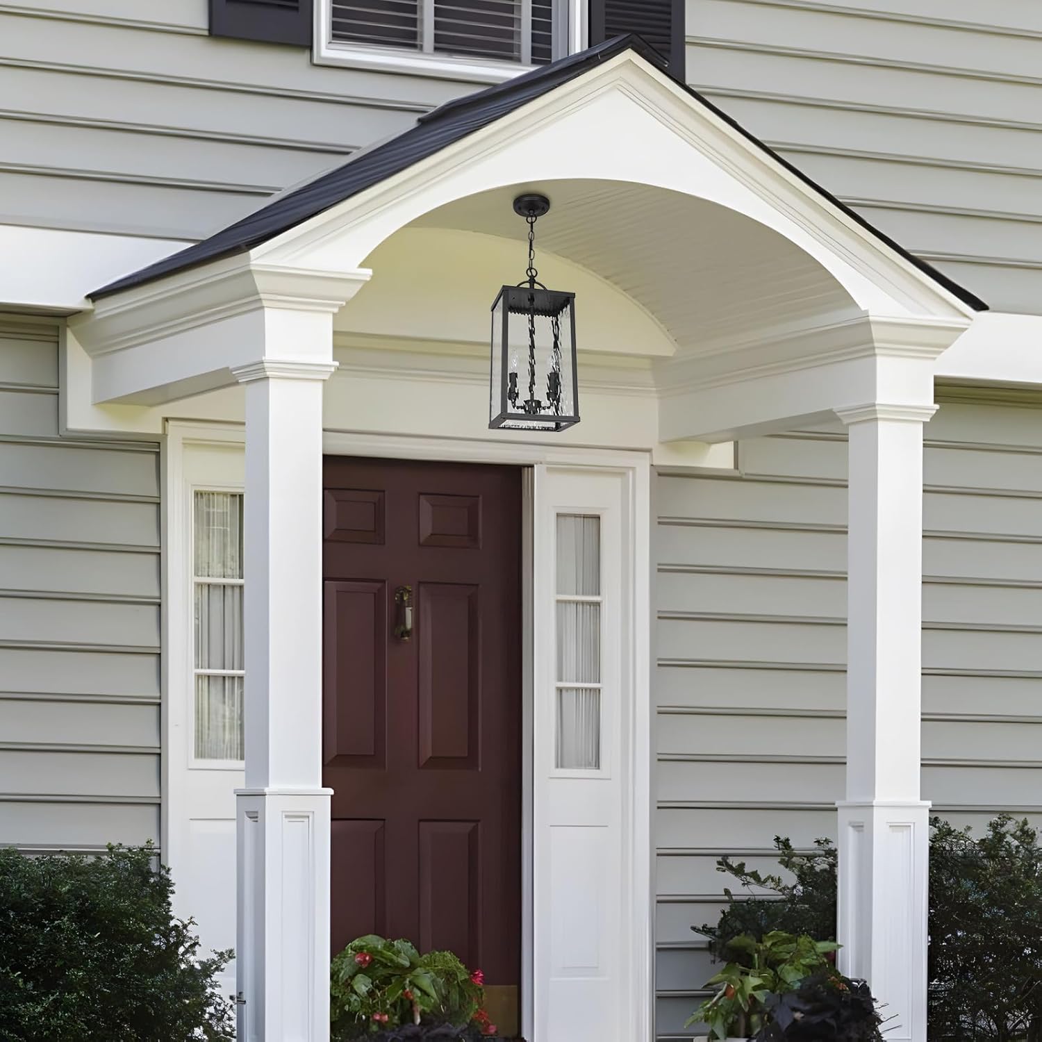 Outdoor Pendant Light, Modern Black Hanging Lantern with Water Ripple Glass, Adjustable Chandelier Exterior Hanging Light Fixture for Front Porch, Patio, Gazebo, Entryway, and Garage