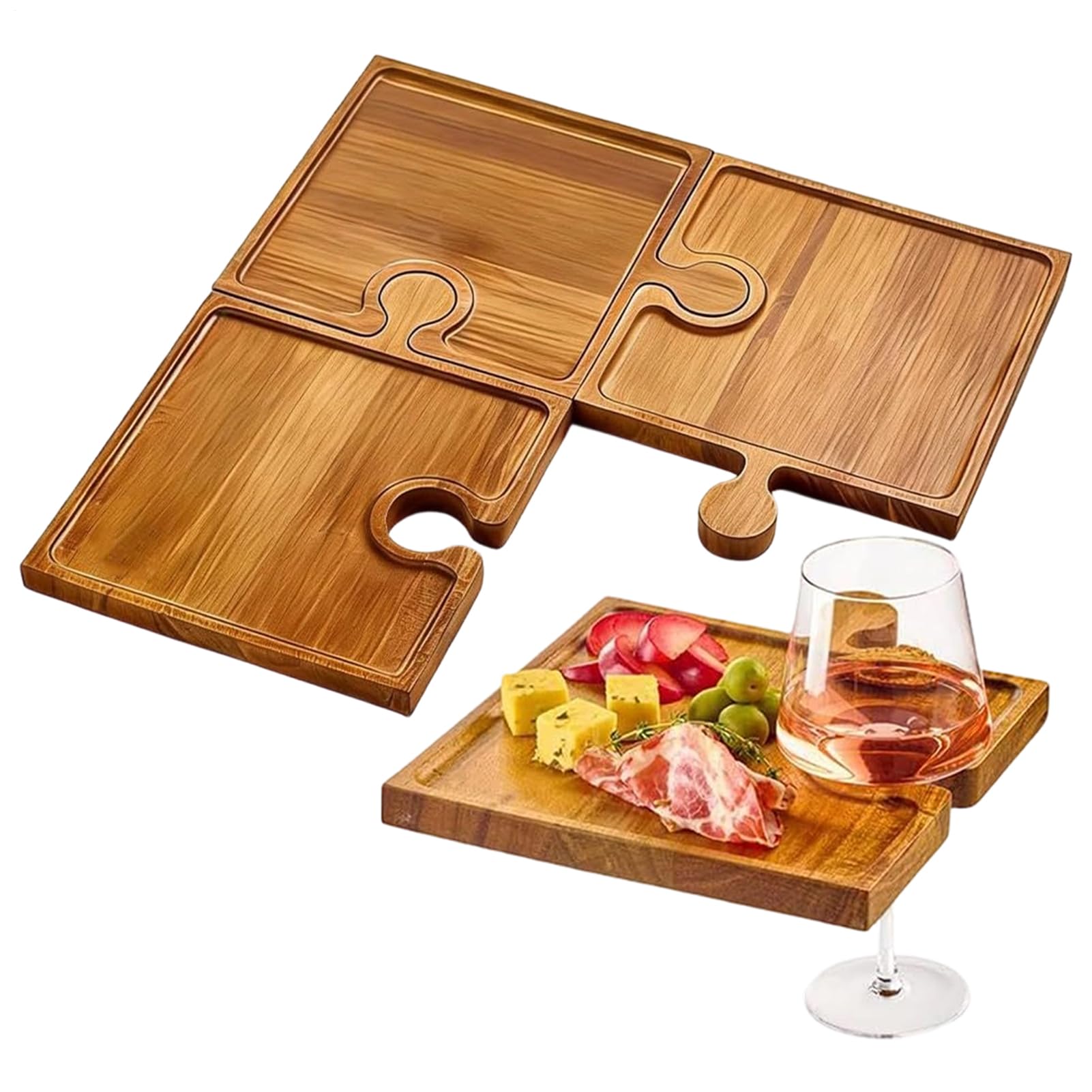 Charcuterie Board – 4-częściowy drewniany talerz do serwowania, wielofunkcyjny zestaw do prezentacji żywności ze stabilną konstrukcją bambusową, idealny dla rodzinnej gospodyni kuchni, na imprezę
