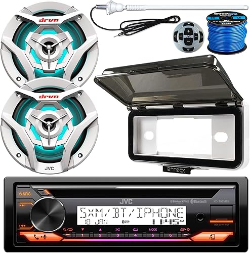 Paquete de receptor de reproductor de CD de radio USB AUX AM/FM con Bluetooth marino DIN único con 2 altavoces de audio de barco blanco de 2 vías de