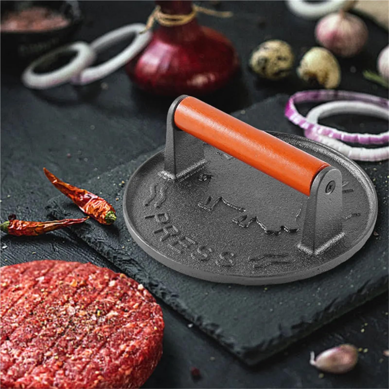 hamburgerpresse Burgerpresse aus Gusseisen, robuste Patty-Presse mit Holzgriff, Burgerfleischpresse, Form, Küchenhelfer und Zubehör