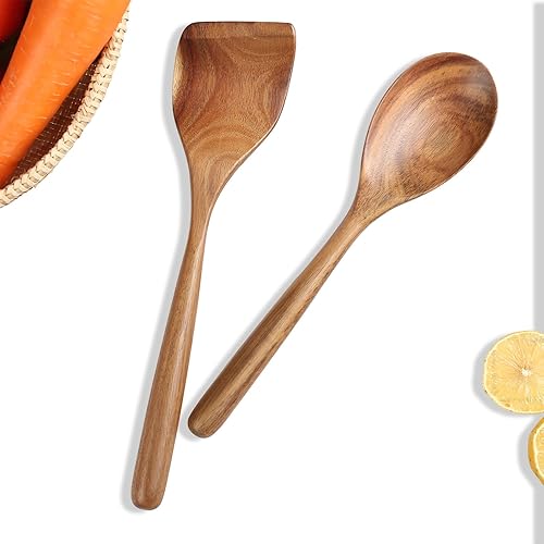 Utensilios de cuchara de cocina de madera, 2 piezas, cucharas para cocinar en la cocina, raspador de madera para freír, raspar y mezclar, utensilios