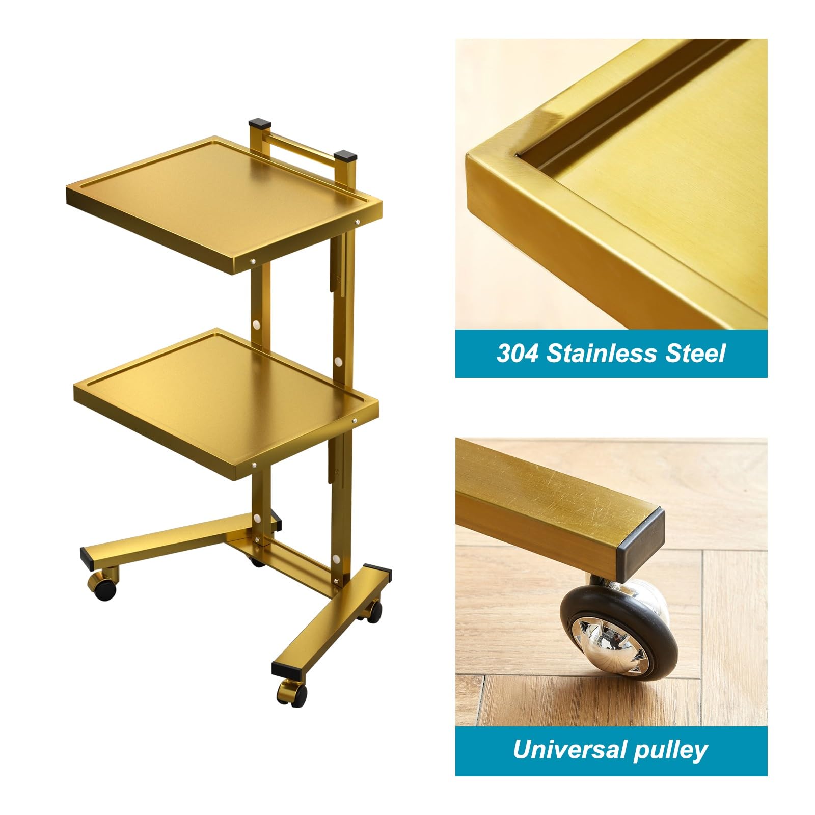 Carrello da cucina a 2 ripiani in metallo con ruote, pieghevole, per estetiste e parrucchieri, elegante finitura dorata, perfetto per uso domestico e professionale