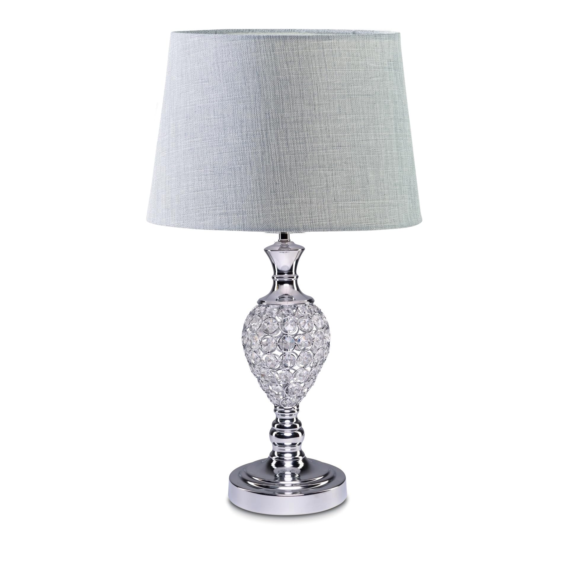 Lighting Supermarket Chrome & Crystal Hannah Luxury Elegant Table Lamp With Grey Linen Shade