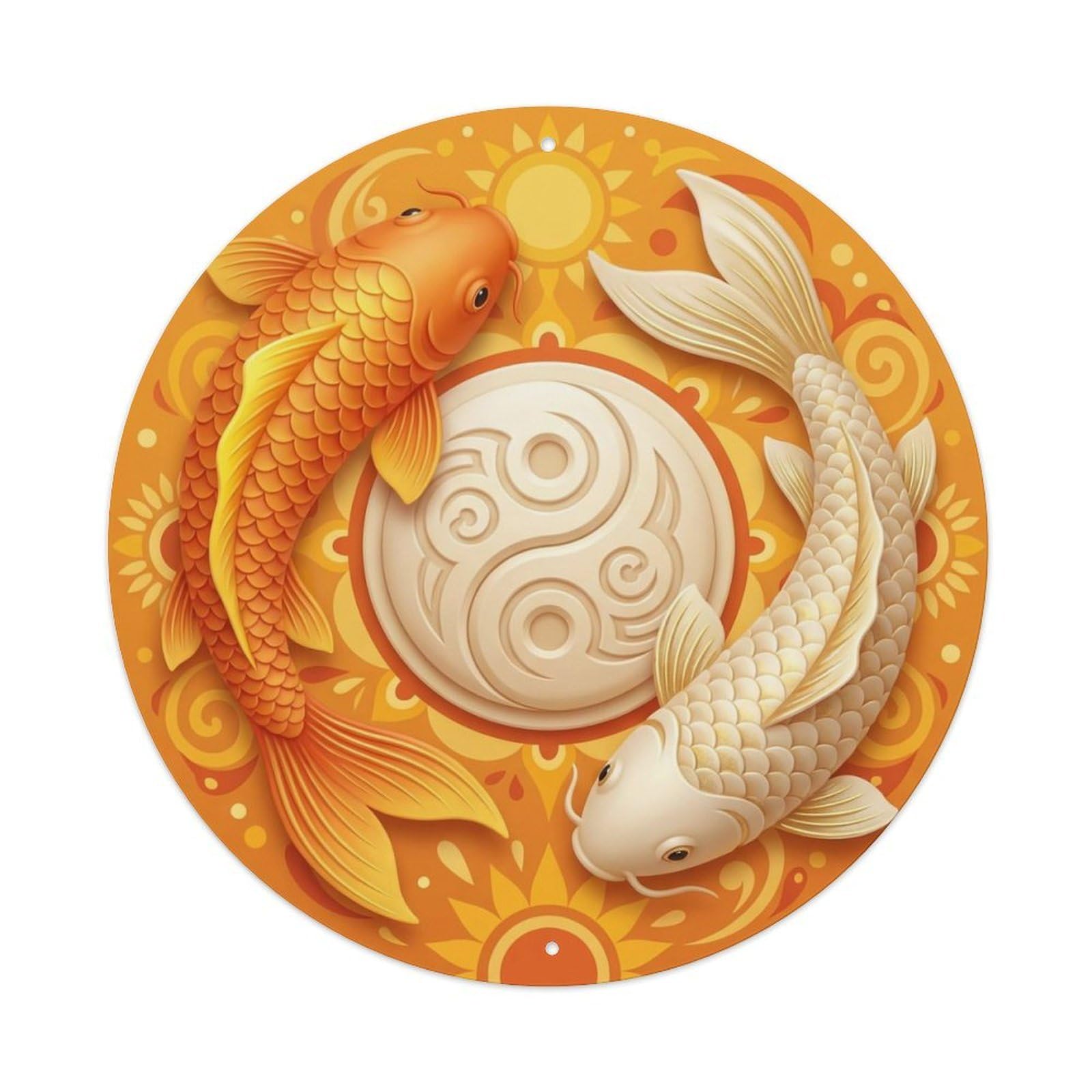 TaiChi Koi Fish Marigold Orange Yellow Flower Warm Sunny Metal sign