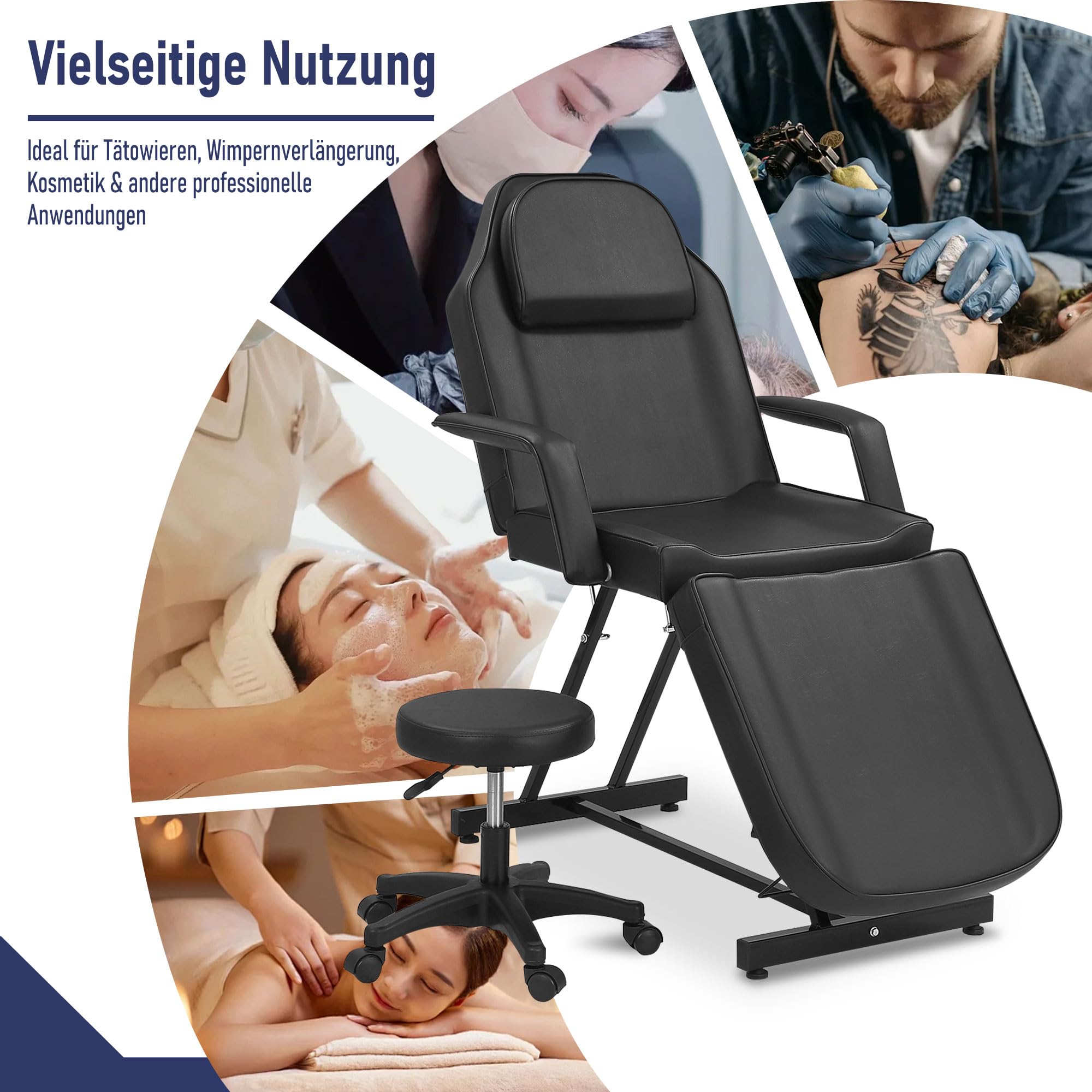 Massage Liege mit Hocker, Verstellbarer Kosmetikstuhl mit hydraulischer Höhenverstellung, Rückenlehne & Beinauflage, Profi Massageliege für Tattoo, Wimpern, Kosmetikstudio, Schwarz