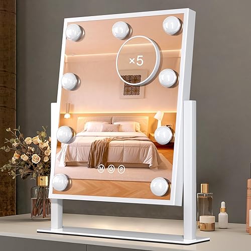 Hollywood Espejo de tocador con luces, espejo de maquillaje LED con luz, 12 bombillas regulables, espejos de iluminación, 3 modos de color, espejo