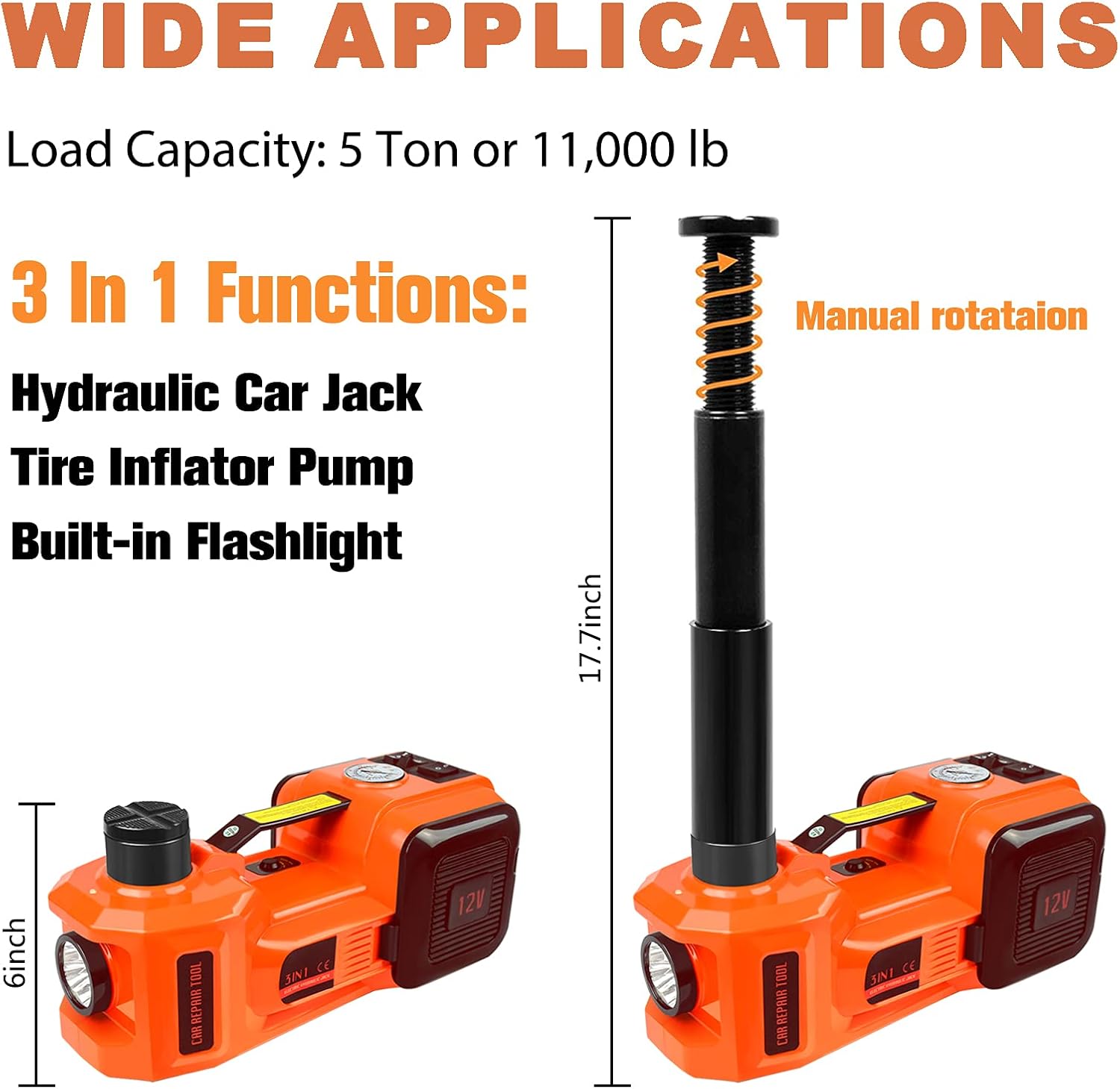 Electric Hydraulic Car Floor Jack Kit 12V DC 5 Ton with Electric Impact Wrench & Tire Inflator Pump Light, 4 in 1 Car Jack Lift Kit for SUV RV Truck Car Emergency Tire Change