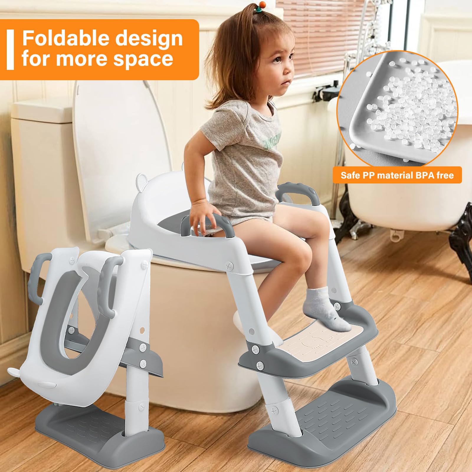Reducteur Toilette Enfant, Rehausseur de Toilette pour Enfant avec Marche, Adaptateur PU-Coussin, Pliable et Antidérapant