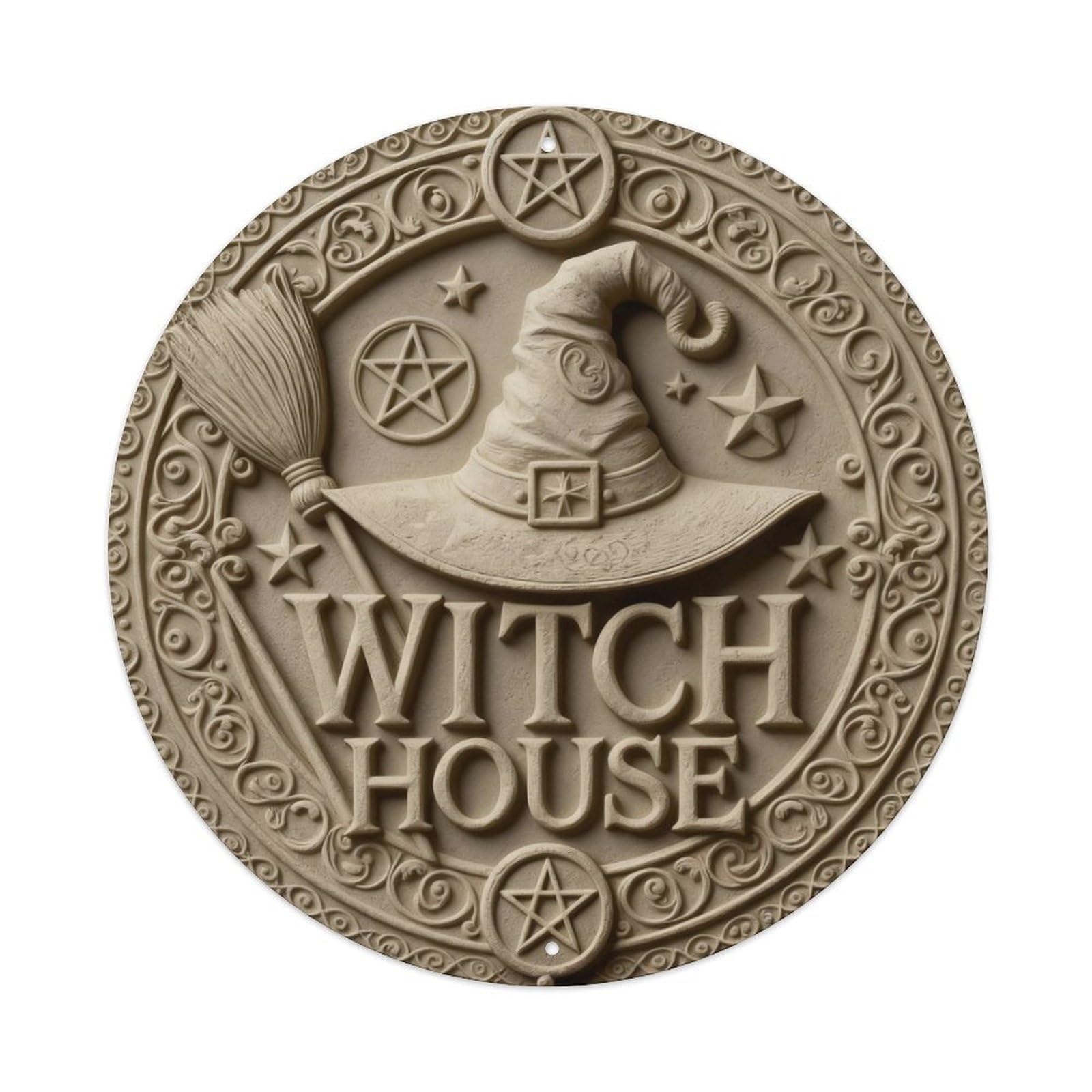 Zlatcbu Vintage Witch Hat Broom Stars Pentacles Circle Metal Tin Sign Retro Wall Art Poster, Decor For Home Living Room Bar Cafe Garage, 8X8 Inch