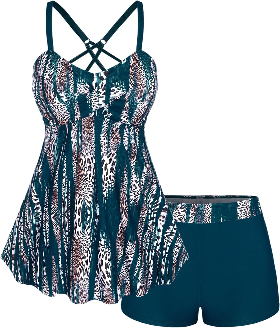 ROSE GAL Rosegal Women Plus Size Modest Tankini Swimsuit Two Piece Bathing Suits Leopard Print Swim Tops with Boy Shorts