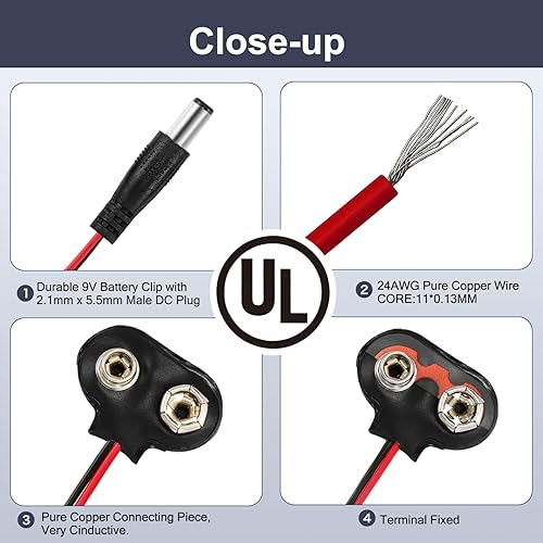 Miniatura 3 de CHANZON Conector de batería de 9 V Arduino Clip de cuero de alimentación de batería con 0.083 in x 0.217 in macho 5 unidades Jack T-Type para
