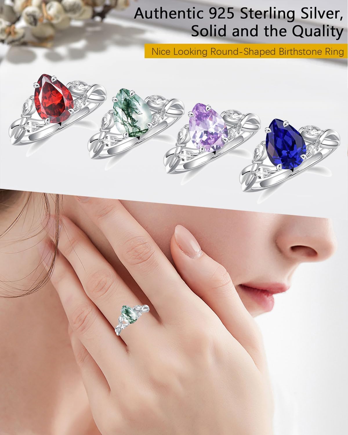 Wasee Natural Moss Agate Ring 925 Sterling Silver Pear Green Moss Agate Engagement Ring Leaf Wedding Promise Ring Jewelry for Women,Ring Size 7 - Image 4