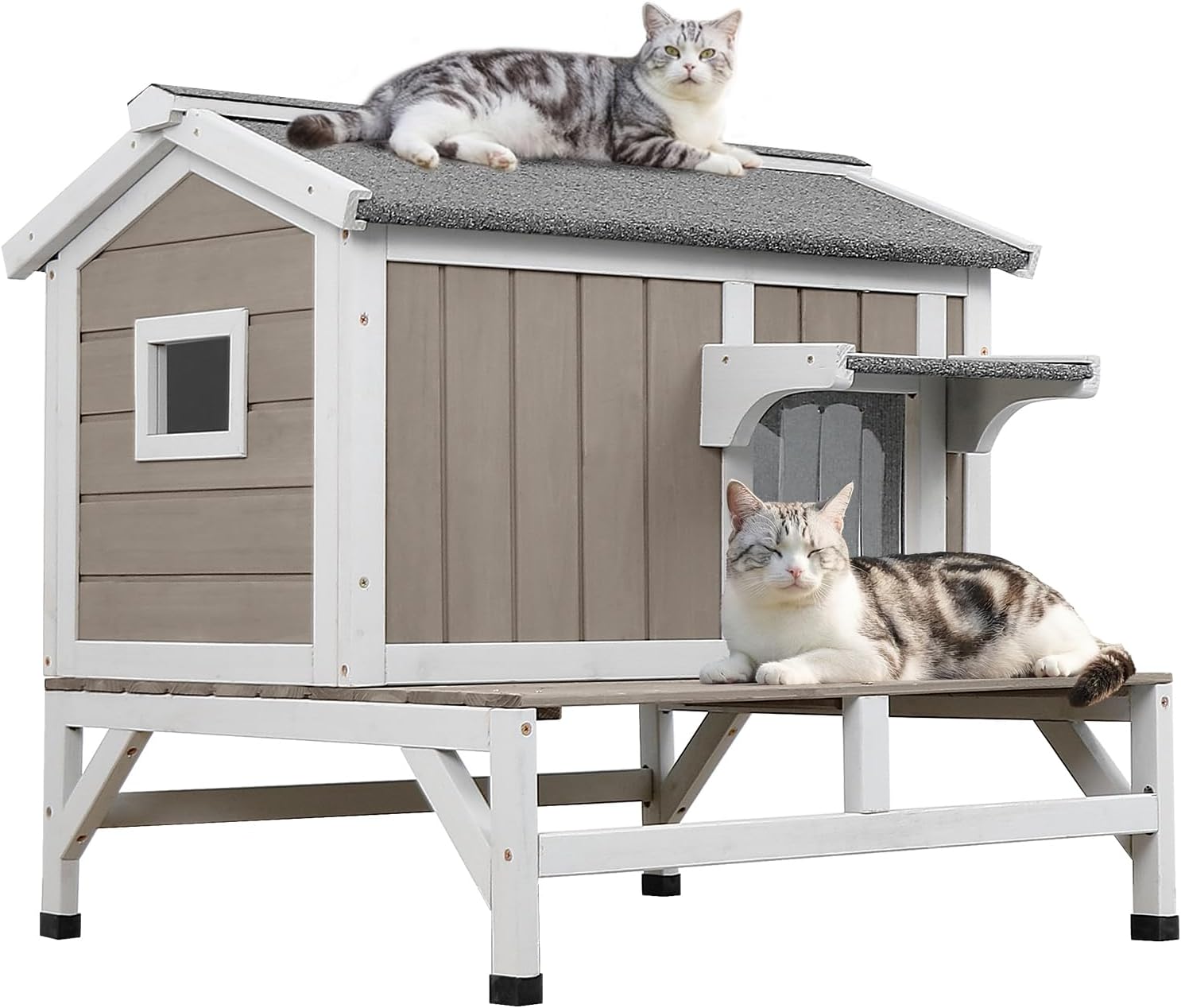 PetsCosset Outdoor Cat House, Wooden Cat Shelter with Built-in Scratching Fabric Interior, Weather-Resistant 2-Story Design, Openable Roof, Raised Base and Balcony
