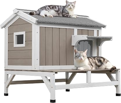 PetsCosset Outdoor Cat House, Wooden Cat Shelter with Built-in Scratching Fabric Interior, Weather-Resistant 2-Story Design, Openable Roof, Raised Base and Balcony