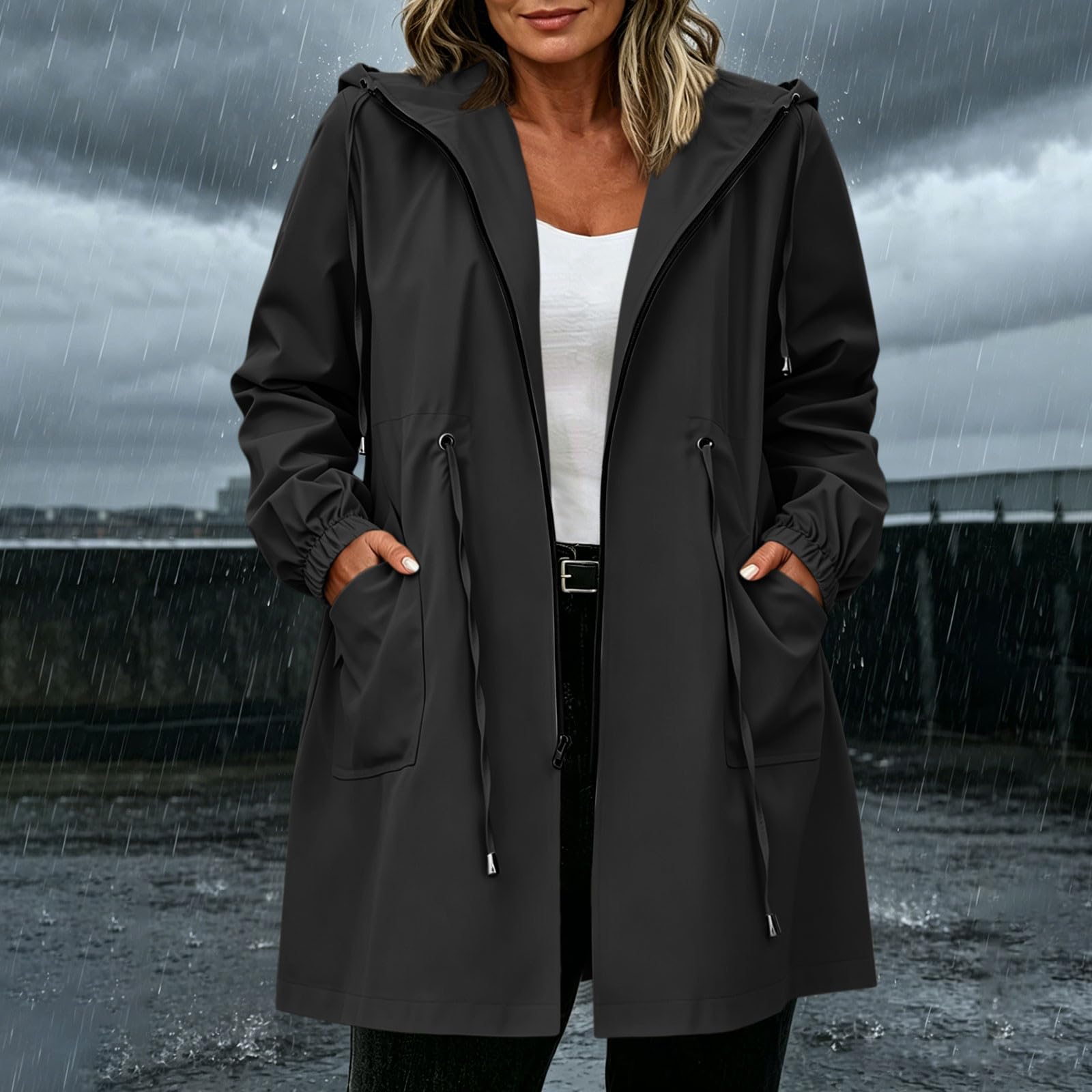 UHouse Damen Regenmantel Wasserdicht mit Kapuze Regenjacke Lang Große Größen Regen Windbreaker Atmungsaktiv Regenjacken Outdoor Mantel Leichte Trenchcoat Elegant Jacke
