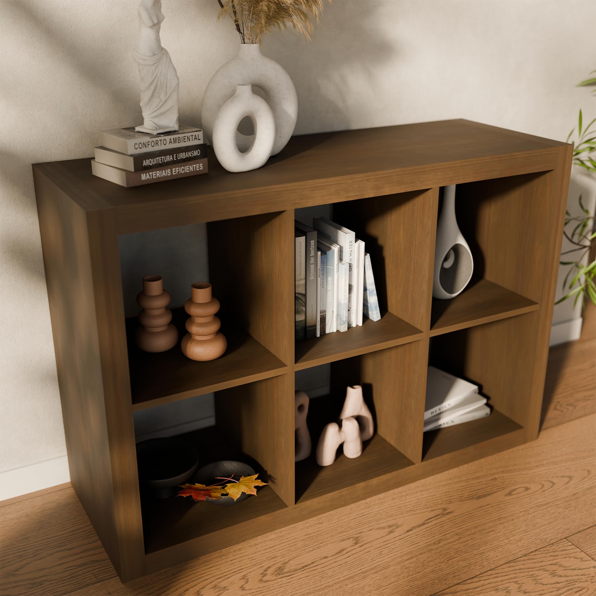 Alice's Garden sweeek - Etagère bibliothèque 2 Niveaux 6 Compartiments. casiers. Effet Bois de Noyer. L 111.2 x P 39 x H 76cm