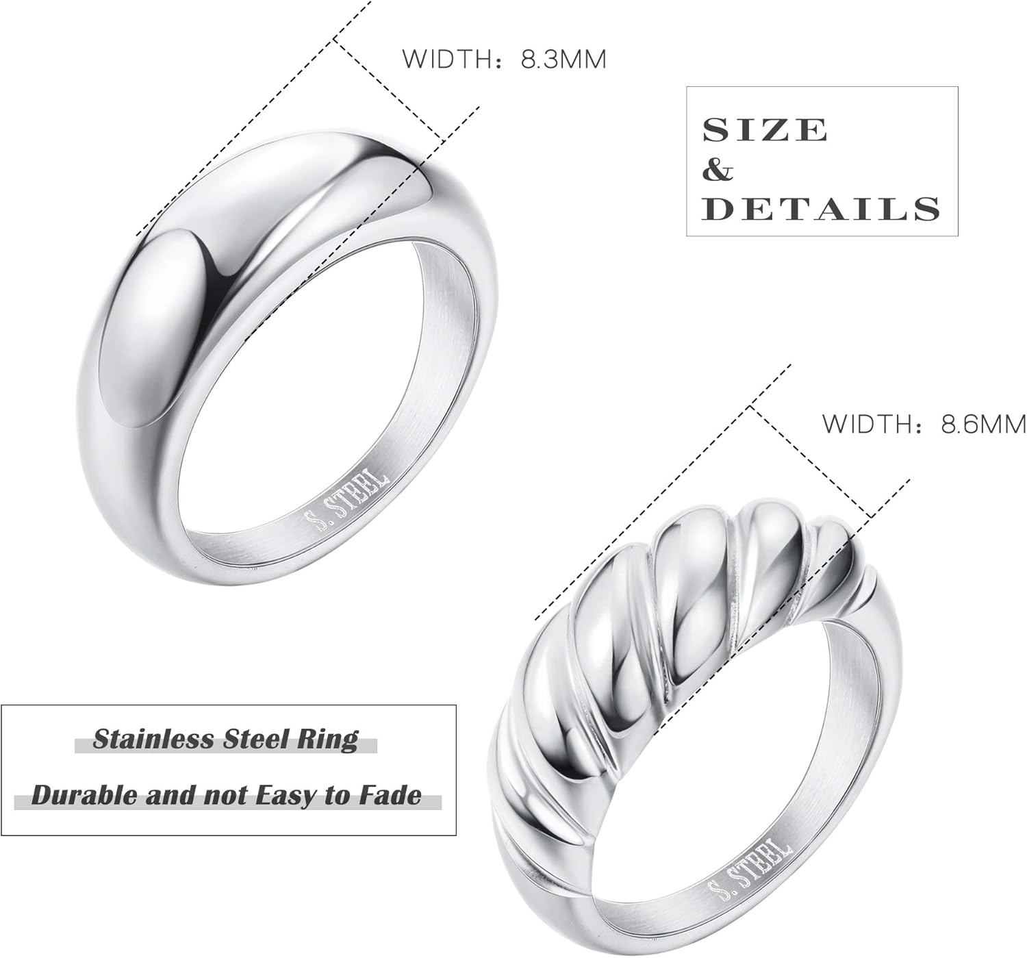 THUNARAZ 2Pcs 14K Gold Rings Chunky Rings for Women Thick Dome Ring Set Couple Croissant Stainless Steel Ring Minimalist Twisted Statement Jewelry Silver/Gold Size 5-10 - Image 6