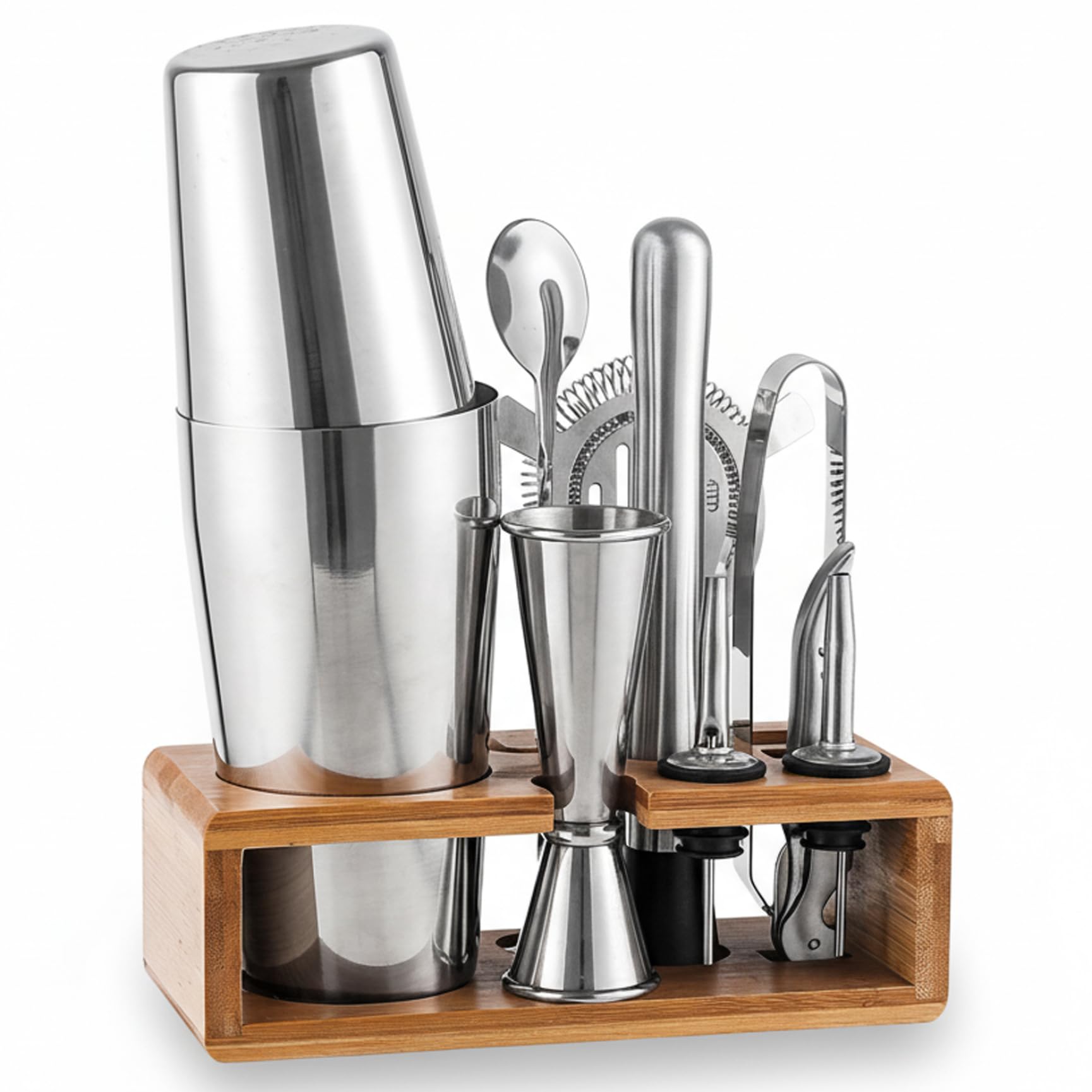Juego de coctelera de 10 Piezas, Juego de coctelera de Acero Inoxidable de 750 ml con Soporte de Madera Profesional para Bares caseros Barman