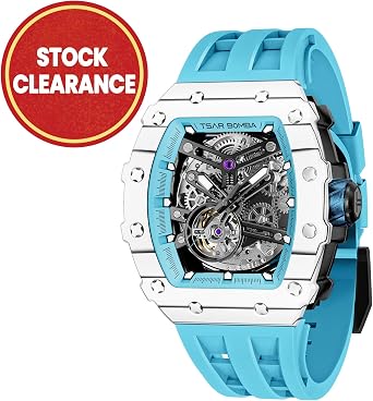 TSAR BOMBA Men's Watch Automatic 50M Waterproof Mechanical Wristwatch Skeleton Tonneau Design Luxury Square Stylish Sports Work Analogue Watches for Men Gift for Men Silicone Strap
