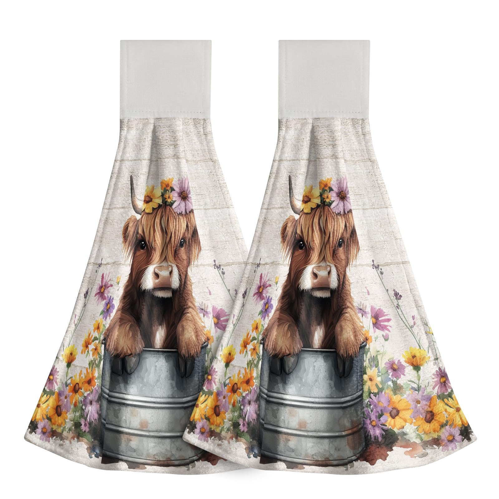 Giwawa Highland Cow Hanging Kitchen Towel Spring Floral Cattle Bucket Hand Loop Hook Towel Set of 2 Daisy Flower Wood Board Soft Dish Wipe Towel Washcloth for Bathroom Laundry Gym Home Decor