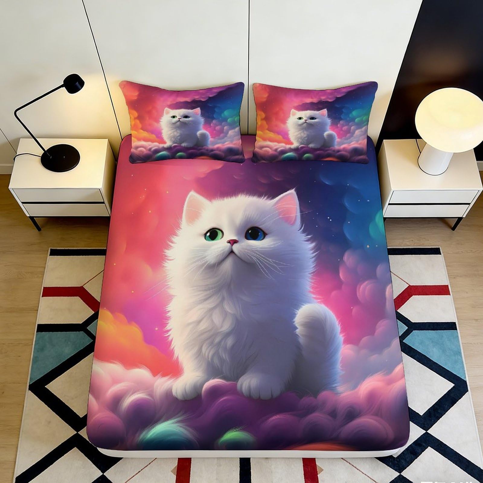 3D Printed Dreamy Cat Fitted Sheet Microfiber Soft Decor Rainbow Cloud Bed Cover for Bedroom Guest Room 90x200x25cm