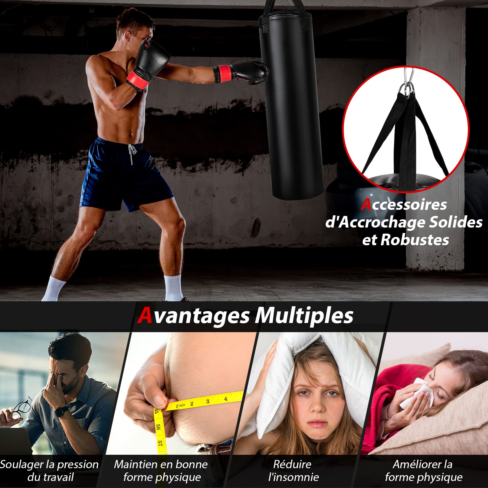 GYMAX Ensemble Sac de Boxe pour Adulte, Sac de Boxe Suspendu avec Gants de Boxe 12 Oz, Bandages de Boxe & Support Plafond, pour Sac de Sable Boxe, Kickboxing, Noir (30 * 100cm)