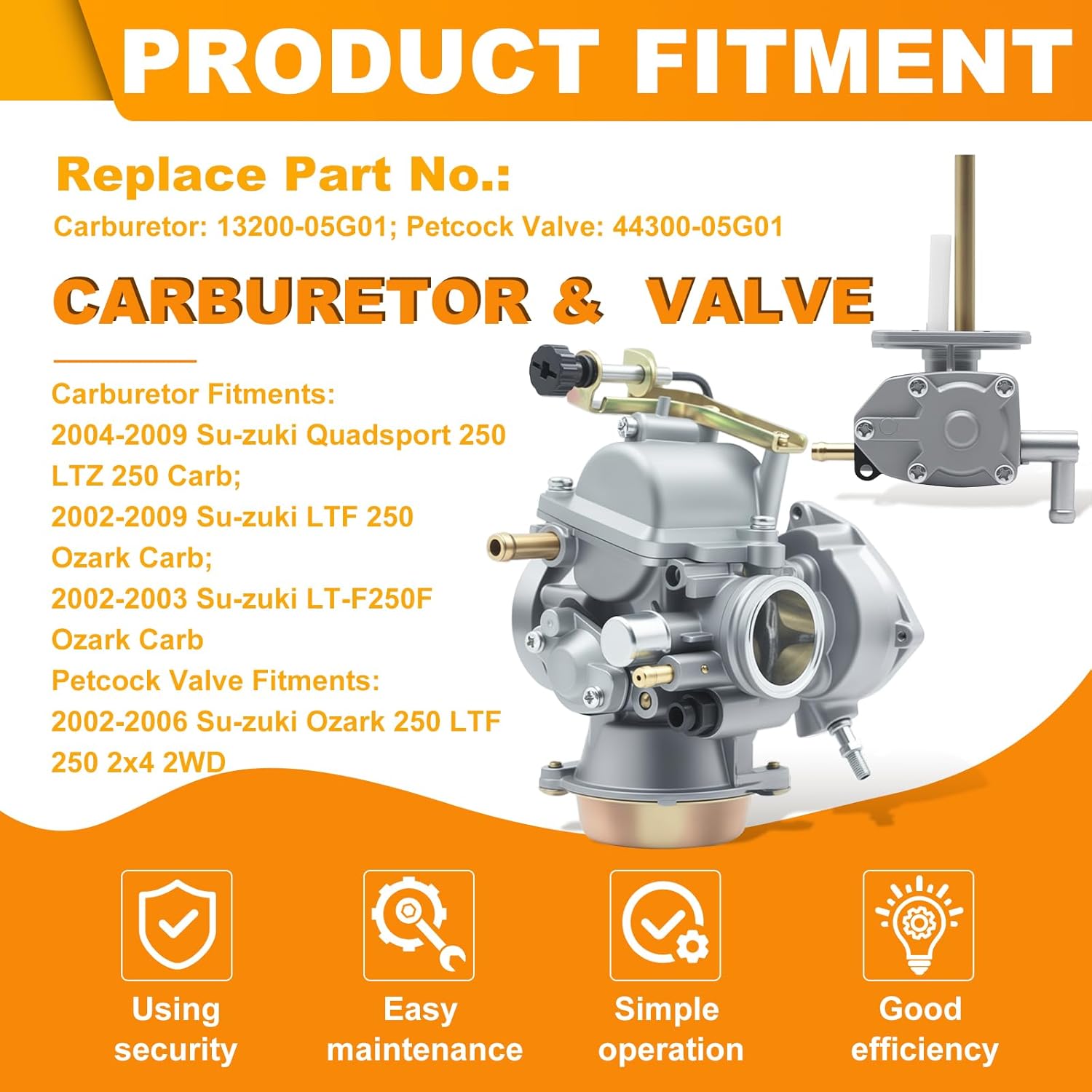 Carburetor + Petcock Fuel Valve for Su-zuki Ozark LTZ 250 Quadsport 250 Carb 2004-2009 LTF 250 2x4 2WD 2002-2009 Shutoff Switch, 13200-05G01