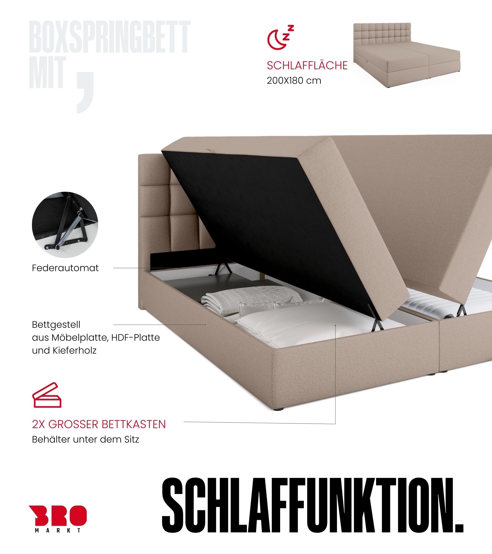 BROMARKT Boxspringbett mit Matratze 180x200cm Bett mit Topper Beige