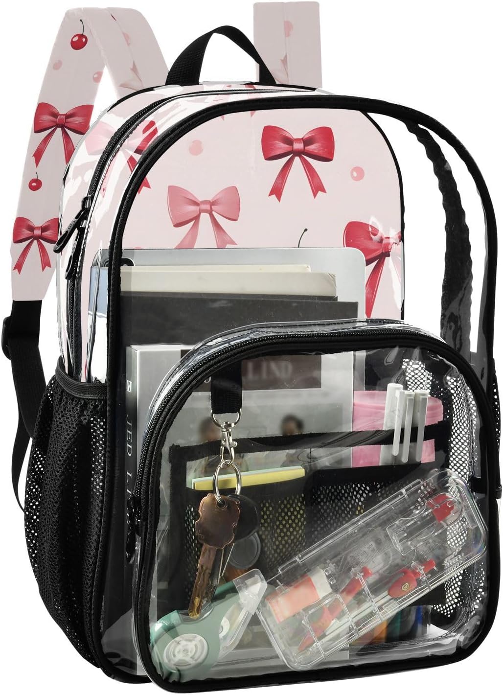 Bow Cherry Lovely Clear Backpack Heavy Duty See Through Transparent PVC BookBag for Kids Boy Girl Adult School Work