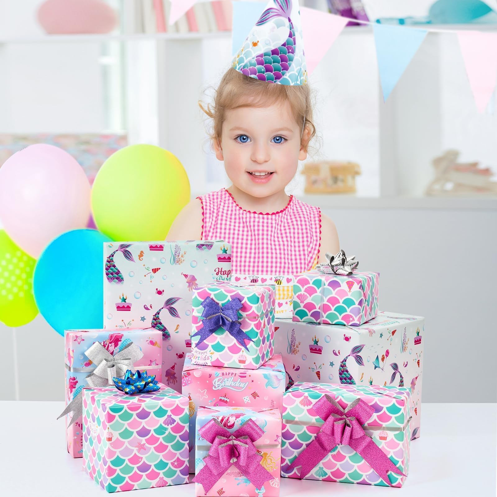 Rollos de Papel de Regalo de Sirena - 3 Rollos 43 cm x 3 m Rollos de Papel de Regalo de Cumpleaños para Niñas Sirena Rosa con Líneas de Corte