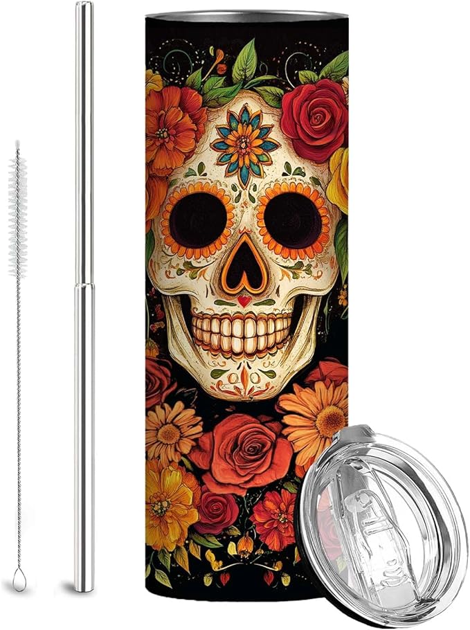 Firmiso 20 oz Tumbler, Skinny Insulated Travel Mug, Day of the Dead Gifts for Women and Men, Stainless Steel Coffee Cup for Hot & Cold Drinks, Sugar Skull Christmas and Halloween Spooky Gifts
