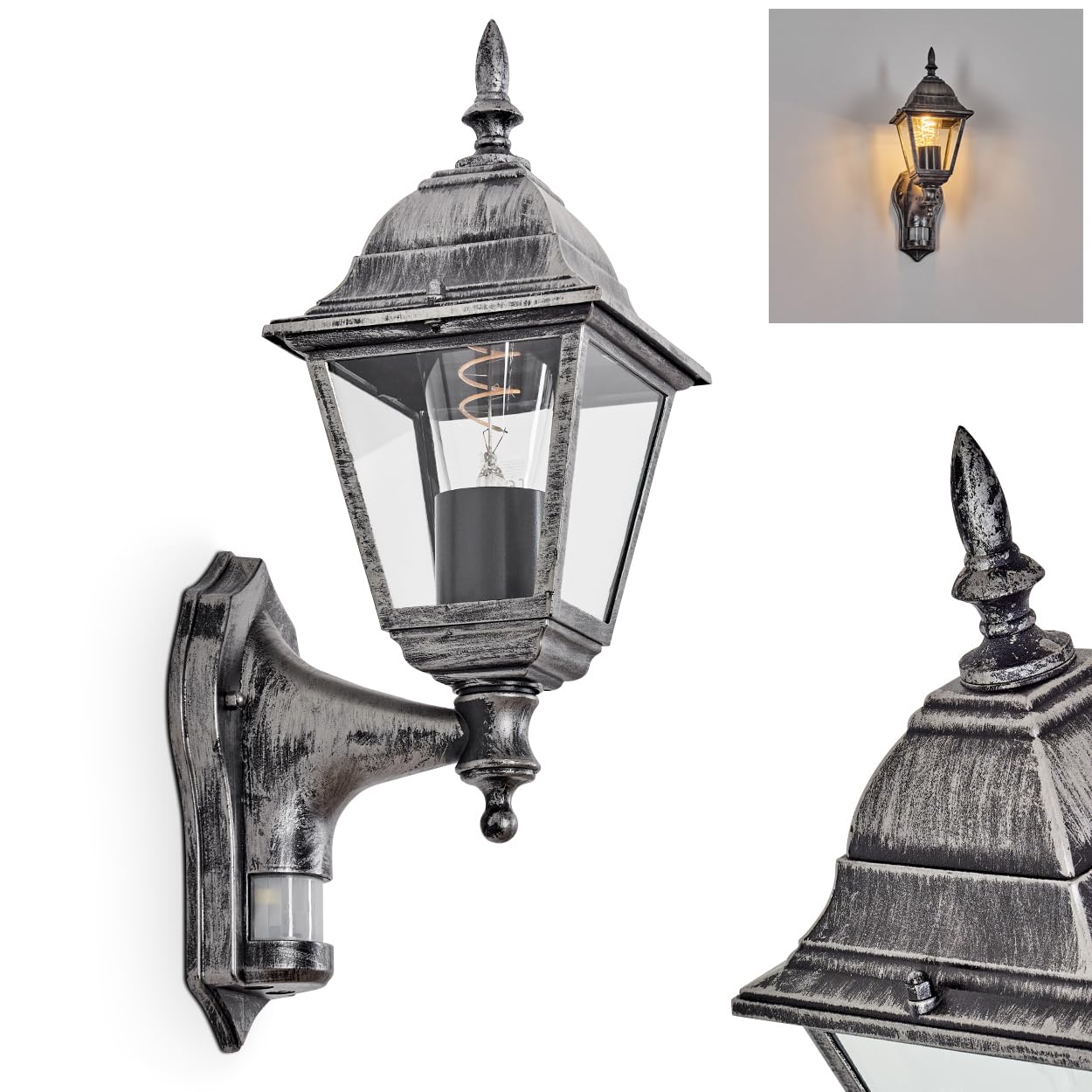 HOFSTEIN Außenwandleuchte Naofe, Außenwandlampe mit Bewegungsmelder aus Metall/Glas in Schwarz/Silber/Klar, Wandleuchte außen im Vintage/Antik/Landhaus-Design, Garten, Hof, Haustür, E27, IP44