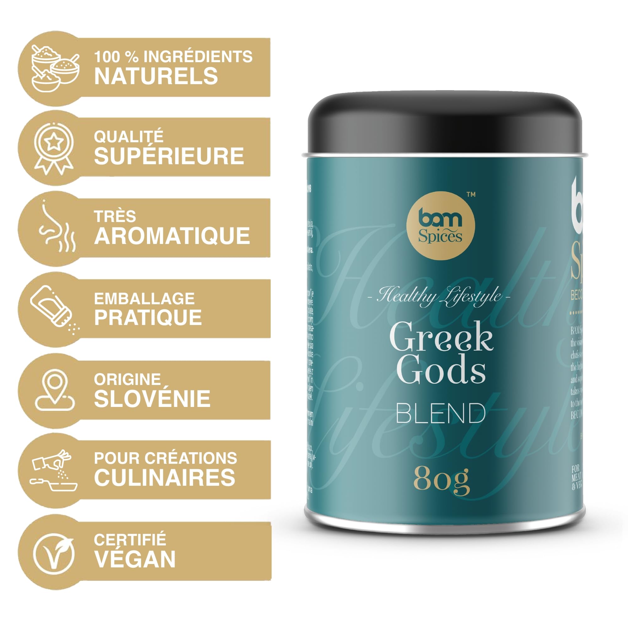 BAM Mélange d'Épices – Pour Recettes Sucrées et Salées, Sans Gluten, Saveurs Naturelles, Sans Additifs – Dieux Grecs, 80 g